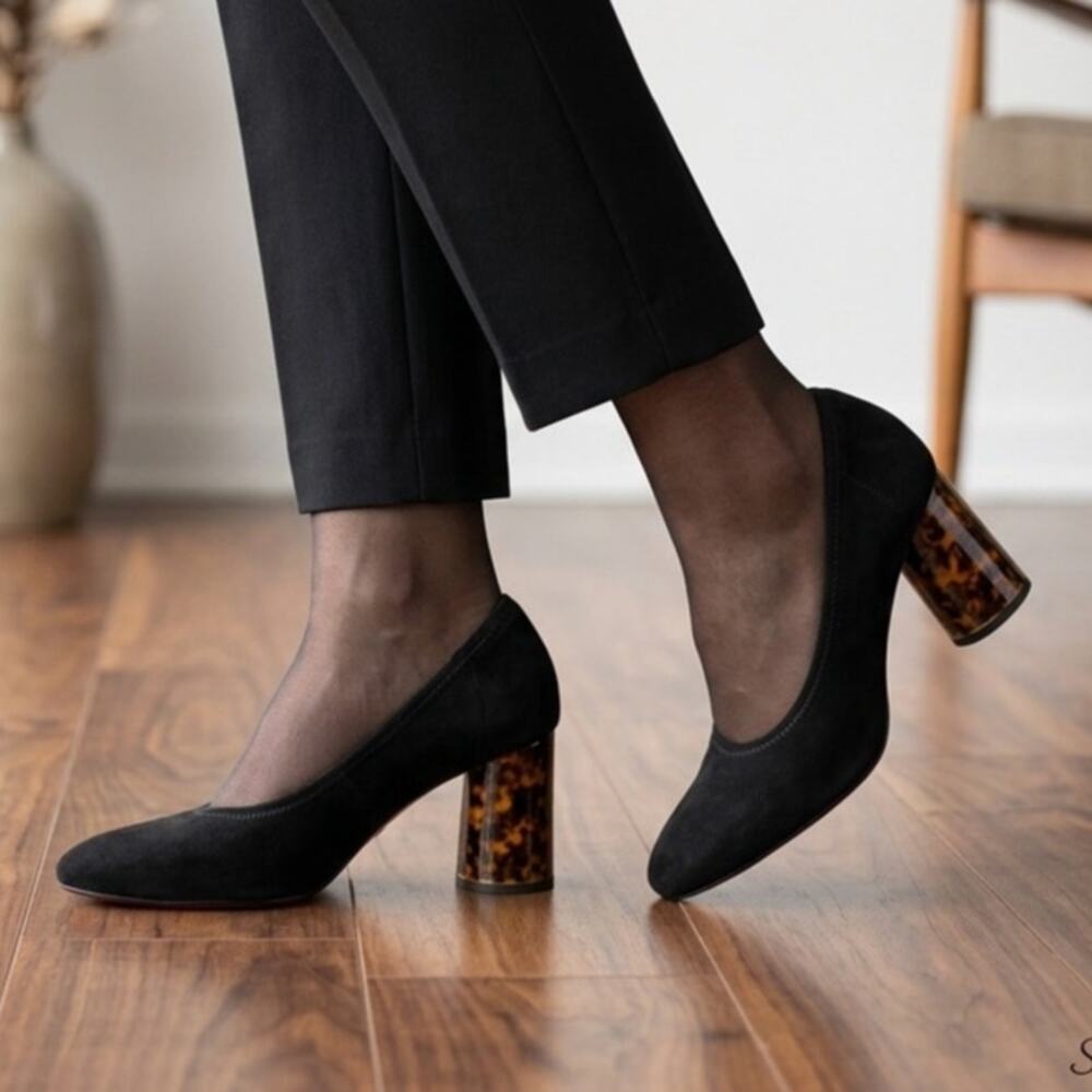 Loeffler Randall Women's Elyn Black Suede Tortoise Shell Cylinder Heel Pumps 8.5